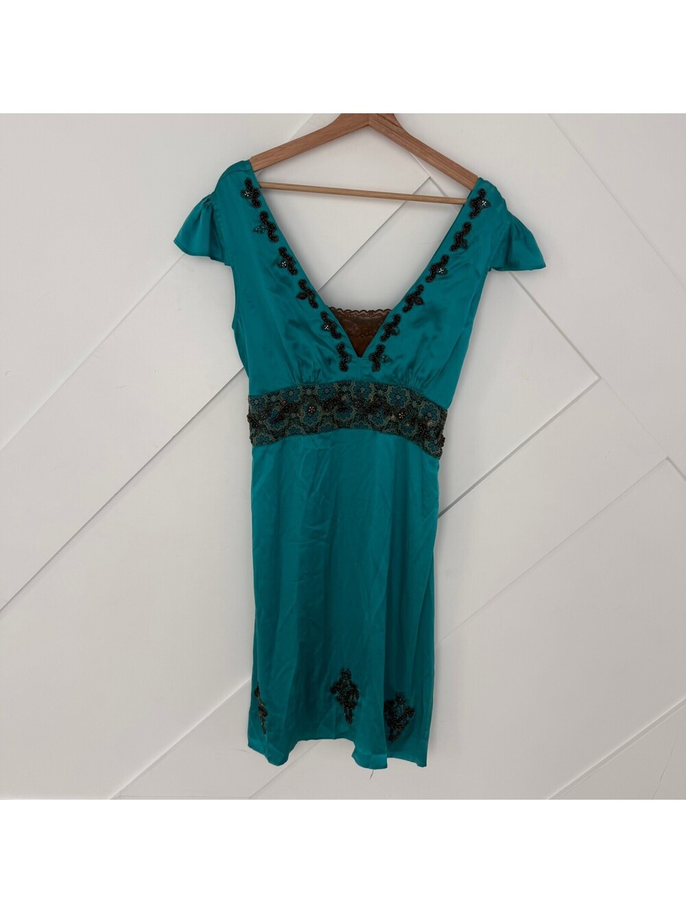 Vintage Y2K Gingerblu Embellished Turquoise Silk Dress Lace Detail L